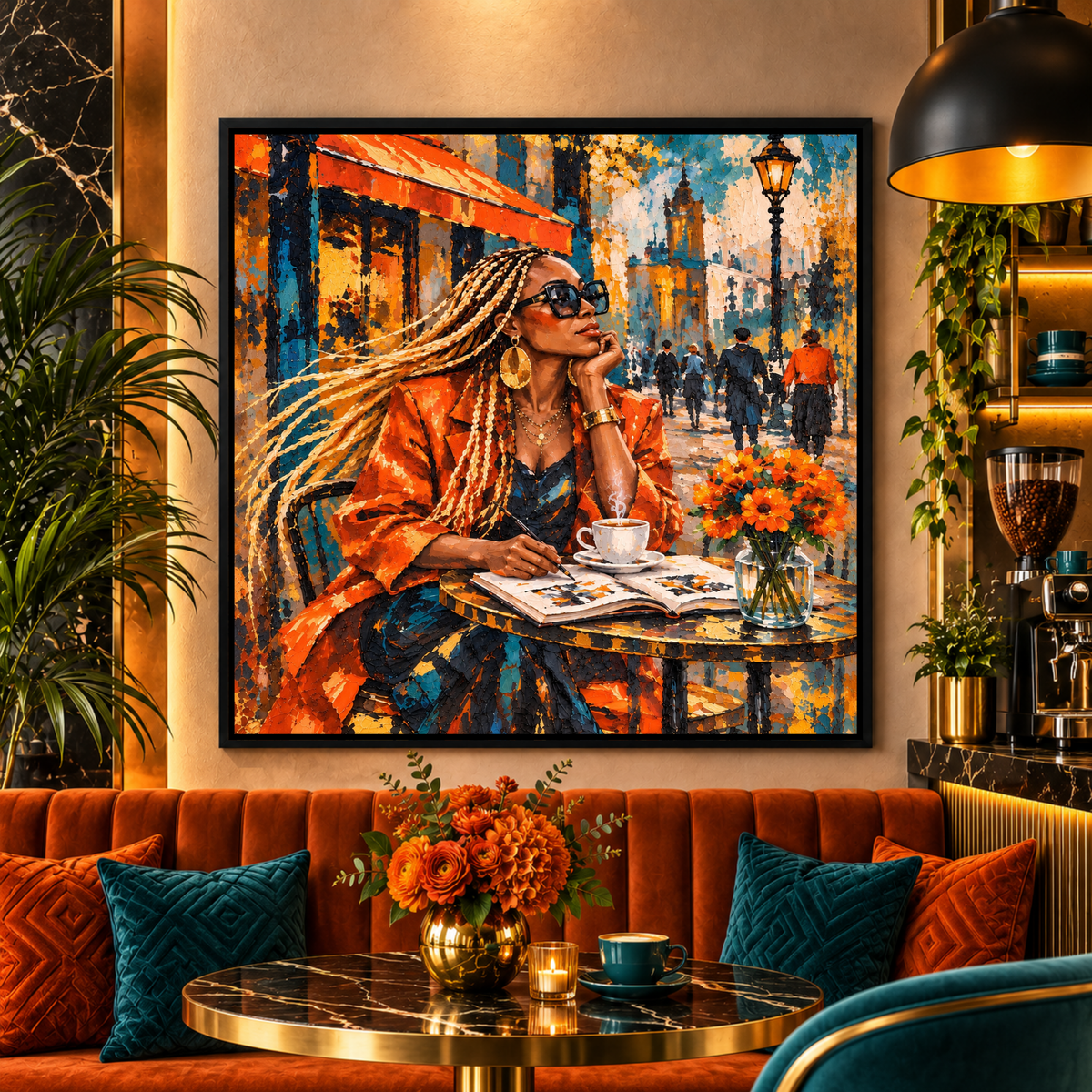 Notes Between Sips - Modern Black Woman Coffee Wall Art Print