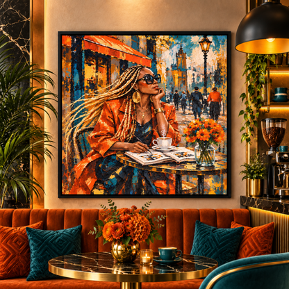 Notes Between Sips - Modern Black Woman Coffee Wall Art Print